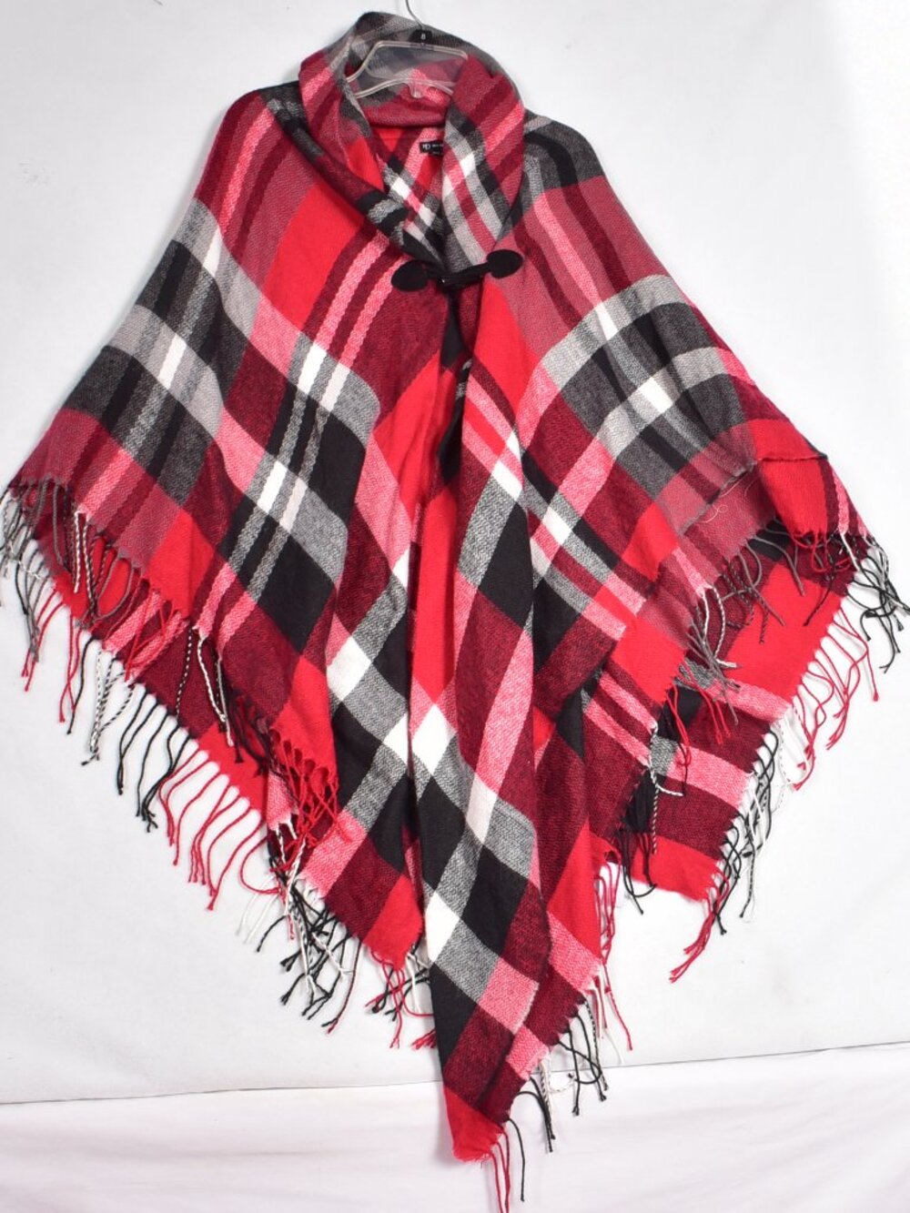 New Directions Plaid Poncho Wrap Cape Fringe Toggle Closure One Size